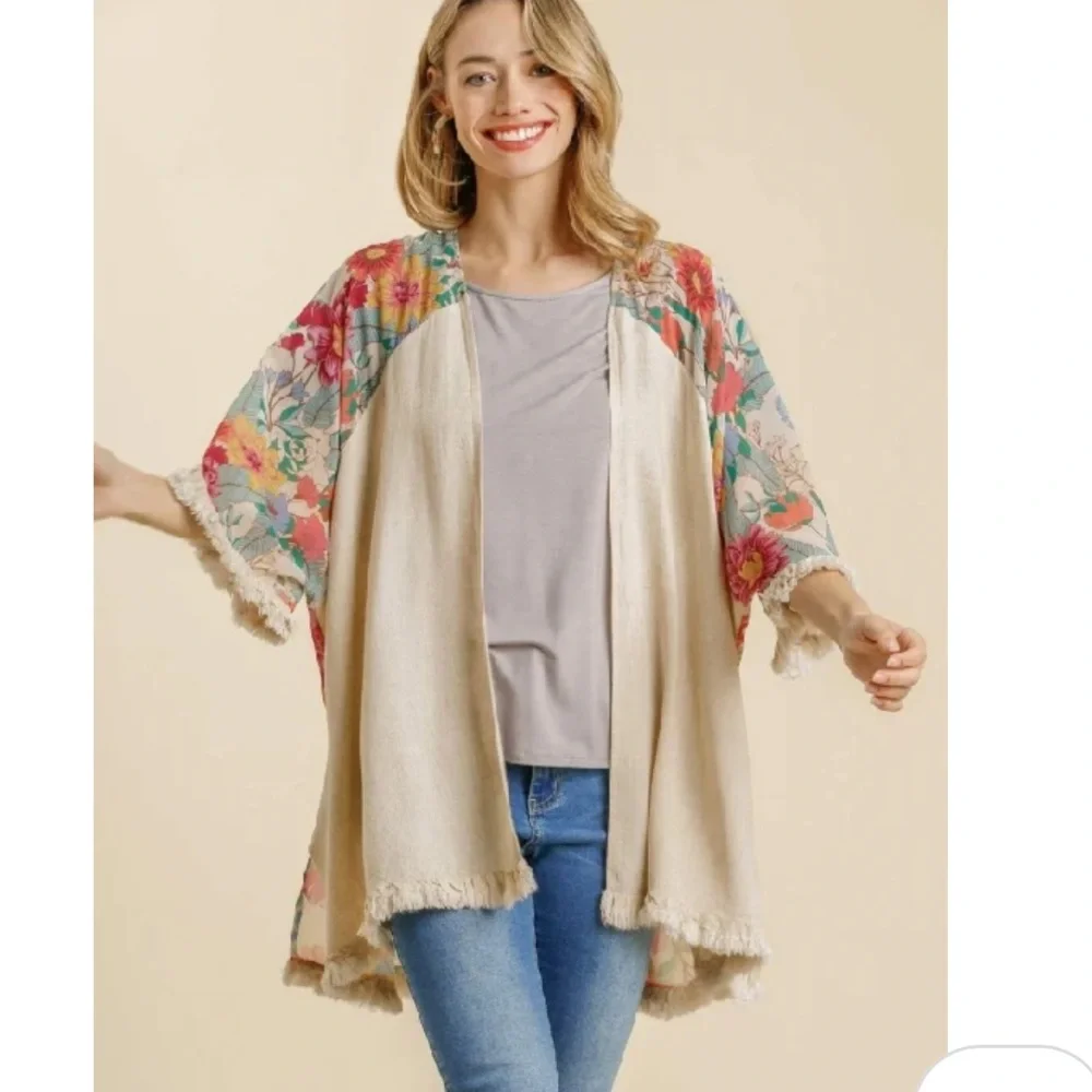 Umgee Coral Floral Kimono Duster Fringe Trim Boho Cardigan Size Small / Medium - Picture 12 of 13